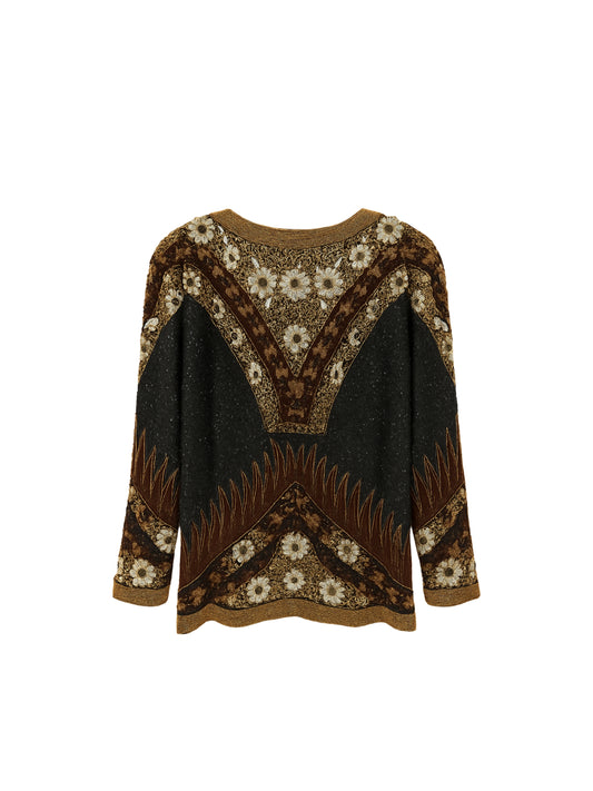 Bahar Dokusu – Çiçek Motifli Siyah ve Kahverengi Ceket