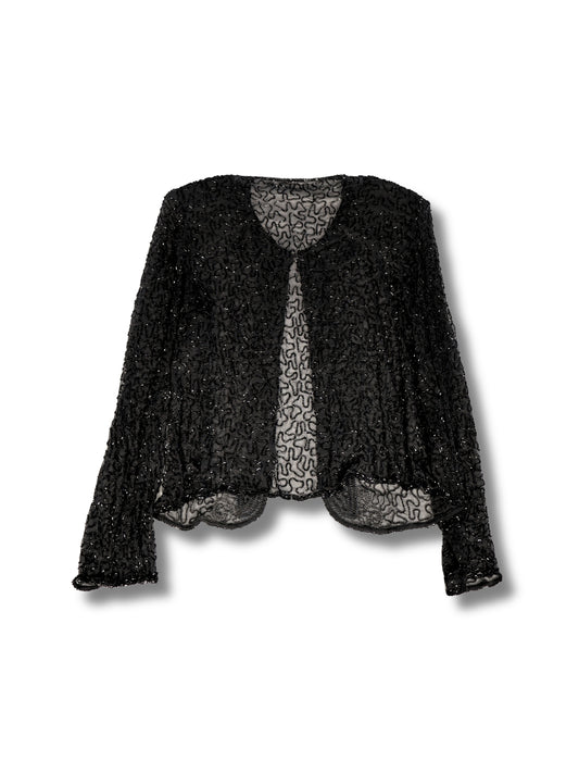 Gümüş Akış – Siyah Üzeri Zarif Boncuk İşlemeli Ceket