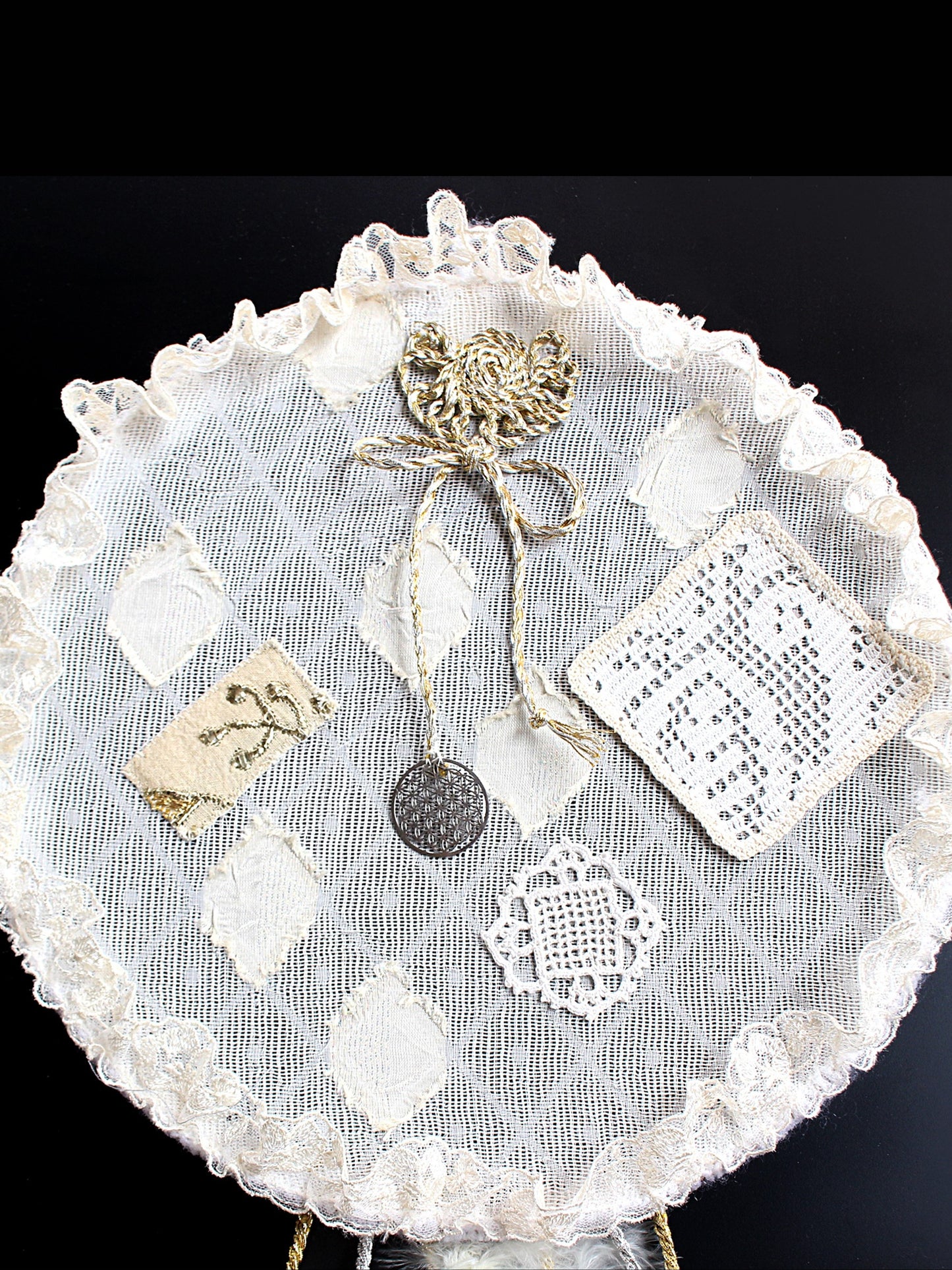Flower of Life - Handmade Dreamcatcher with Lace and Silver Pendant Decoration