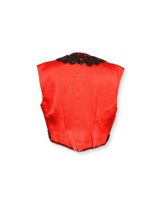 Zehra – Kırmızı Saten Üzerine Boncuk İşlemeli Yelek