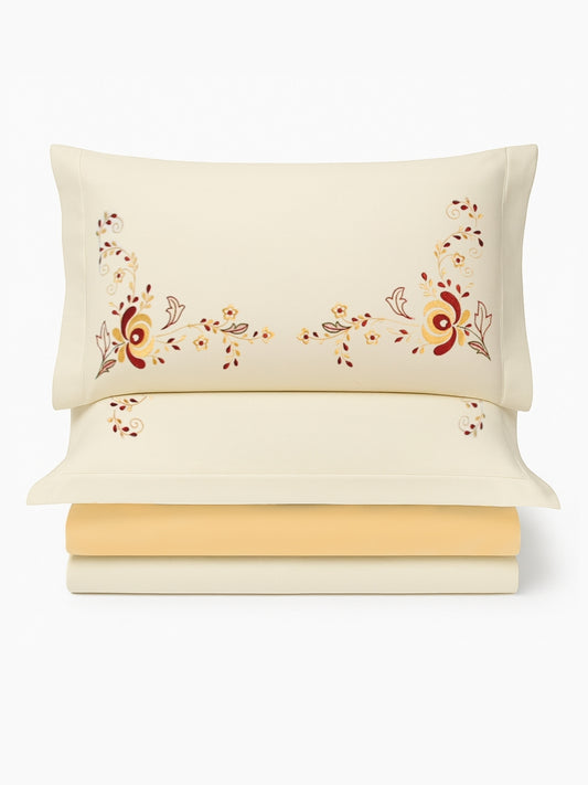 Brown Mustard Embroidered 5-Pillow Double Duvet Cover Set