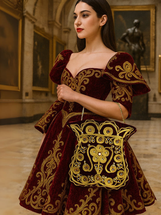 Lâl Göz – Bordo Kadife Üzeri Altın İşlemeli Antika Form Heybe