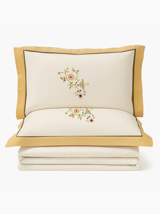 Embroidered Ecru - Mustard Double Duvet Cover Set