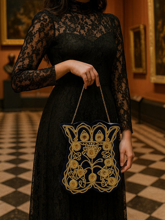 Gece Göz – Siyah Kadife Üzeri Altın Aynalı El İşlemeli Heybe