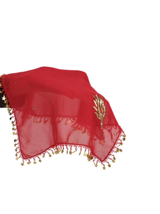 Nurgül – Wire Wrapped Patterned Red Headscarf and Matching Handkerchief Set