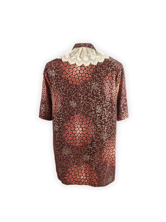 Zamanın Bordosu– Eski Fransız Dantelli Gold Baskılı Kısa Kollu Gömlek