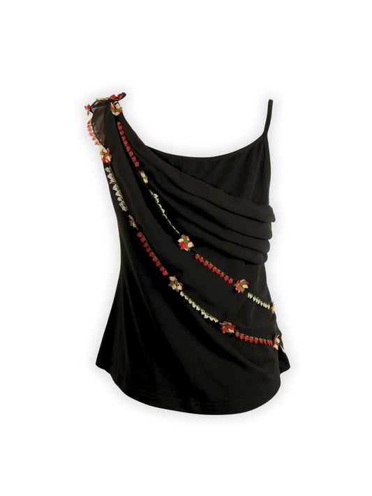 Gölge Kenar – İğne Oyası Detaylı Askılı Siyah Jarse Bluz