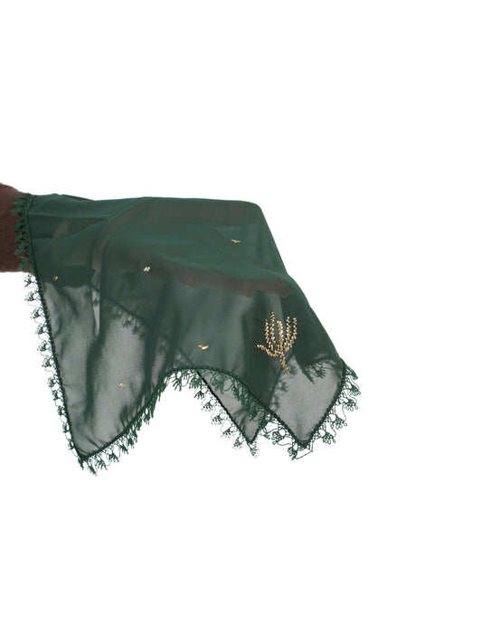 Emerald - Green Headscarf with Wire Wrap Pattern and Matching Handkerchief Set