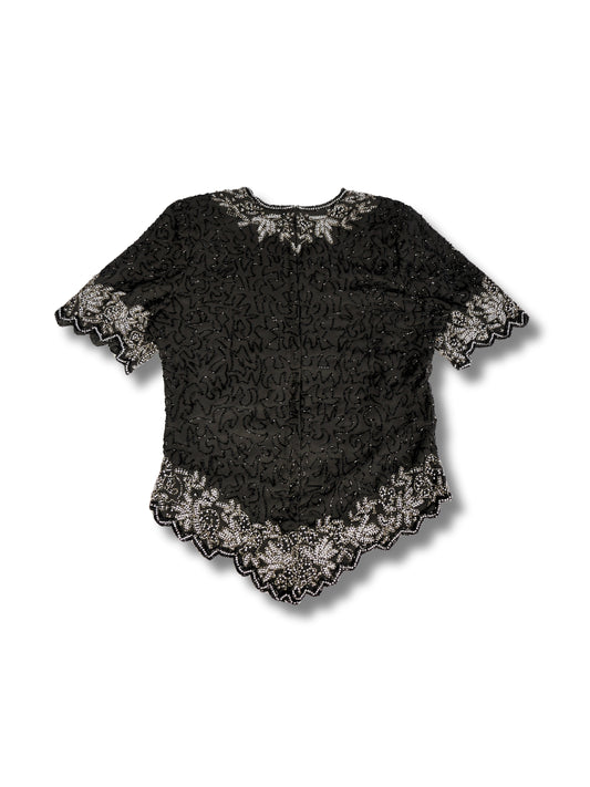 Siyah Işıltı – Gümüş İşlemeli Kısa Kollu V Yaka Bluz