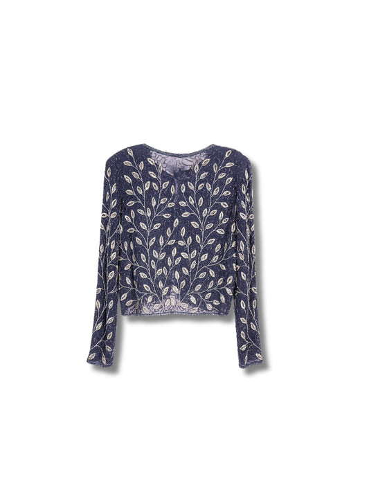 Lacivert Dal – Yaprak Desenli El İşlemeli Ceket (Sık İşlemeli Desen)