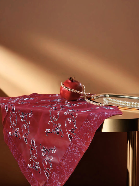 Nazende – Claret Red Silver Organza Embroidered Multi-Purpose Cover
