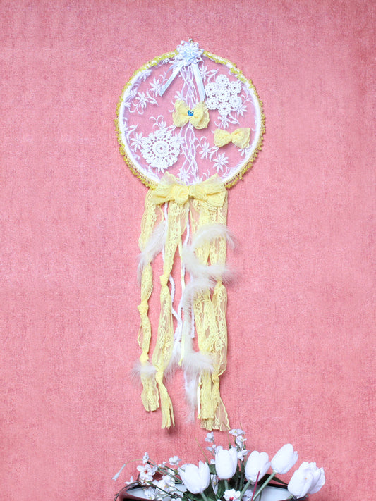 Yellow Daisy - Crochet Dreamcatcher with Antique Hoop and Antique French Lace