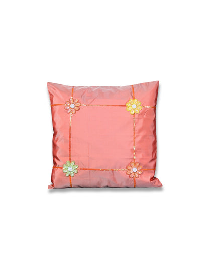 Turuncu Bahar – Payet ve İnci İşlemeli Çiçekli İpek Tafta Kırlent Kılıfı