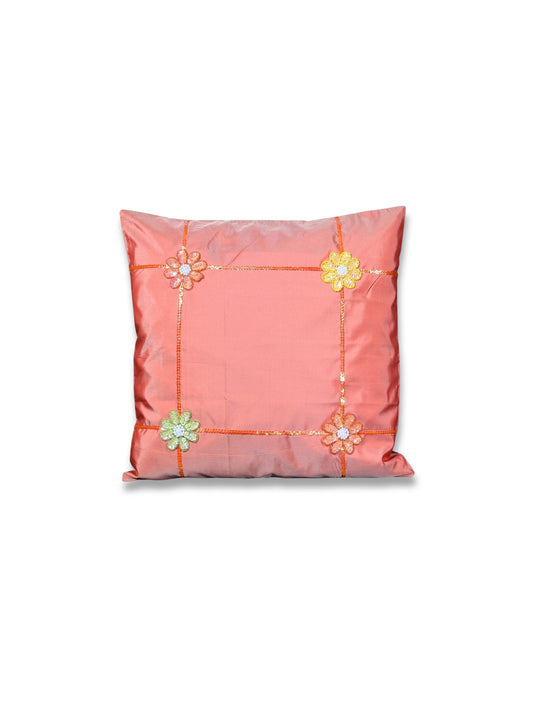 Turuncu Bahar – Payet ve İnci İşlemeli Çiçekli İpek Tafta Kırlent Kılıfı