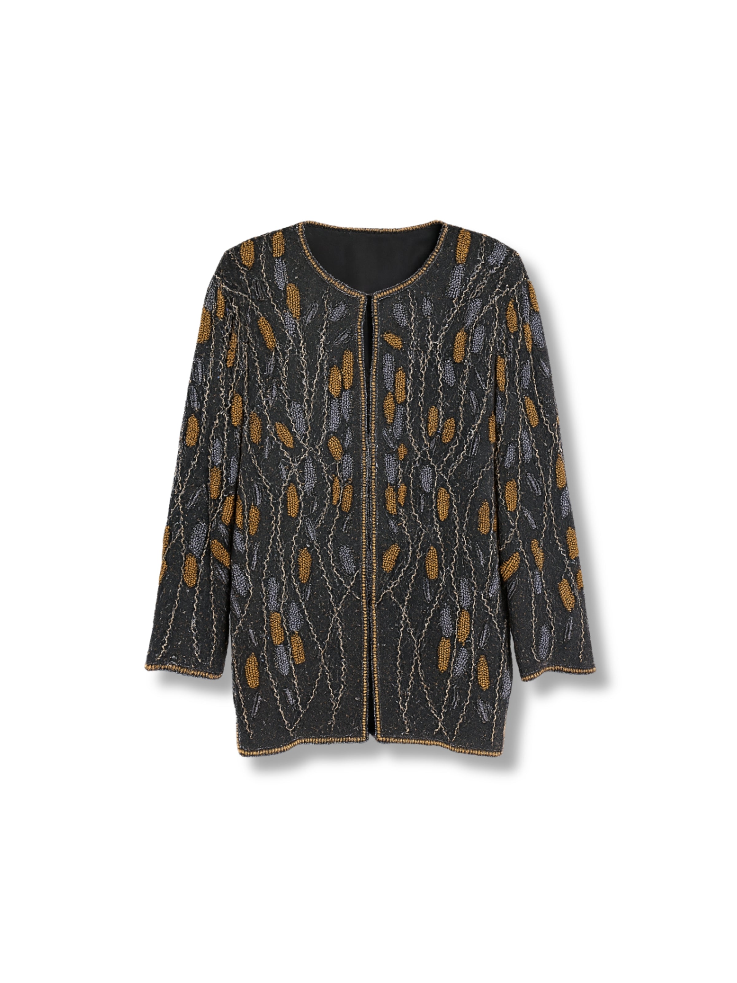 Doğanın İzleri – Siyah Üzeri Altın ve Gri Motifli Ceket