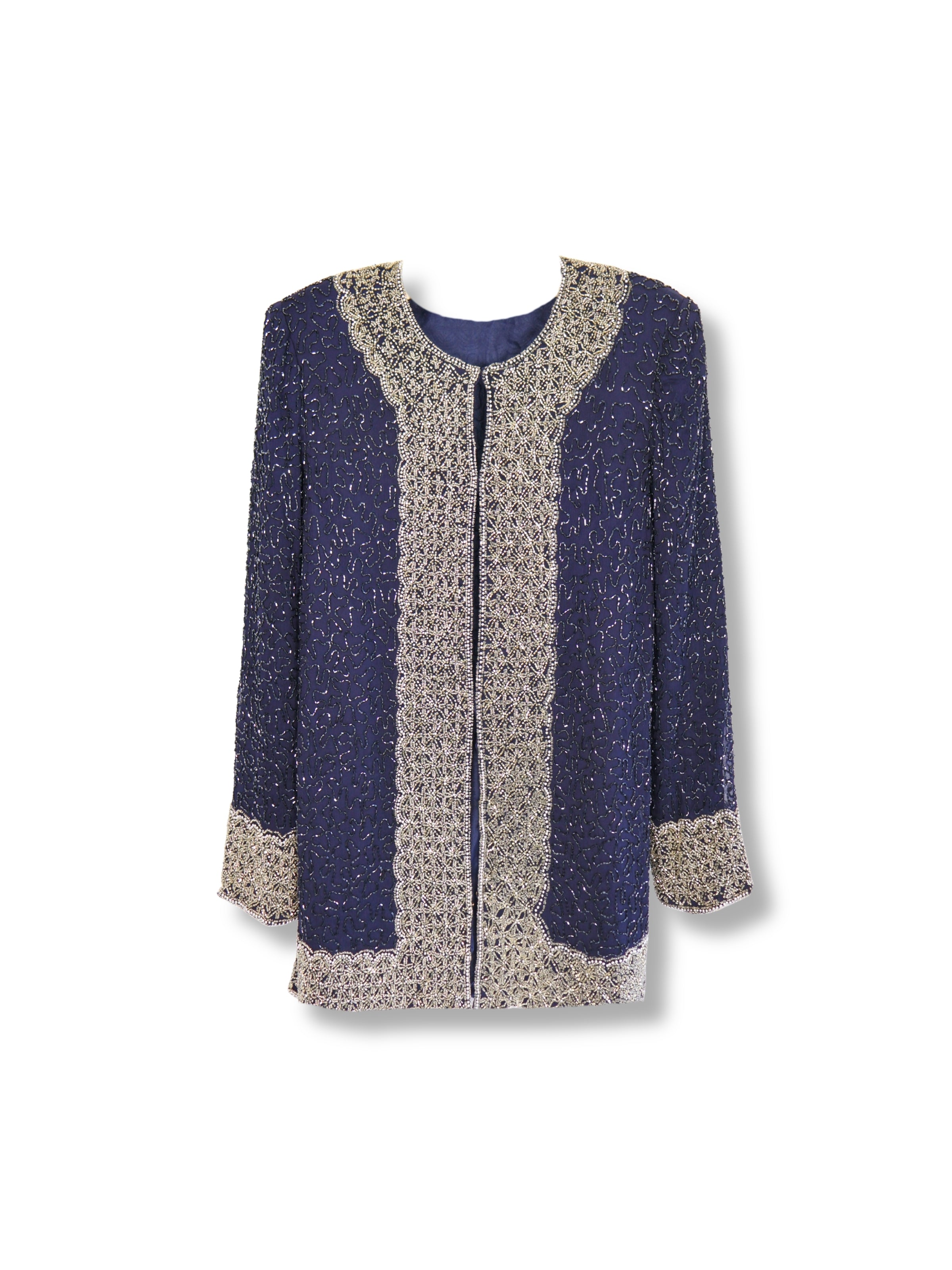 Lacivert Işıltı – Gümüş İşlemeli Uzun Ceket