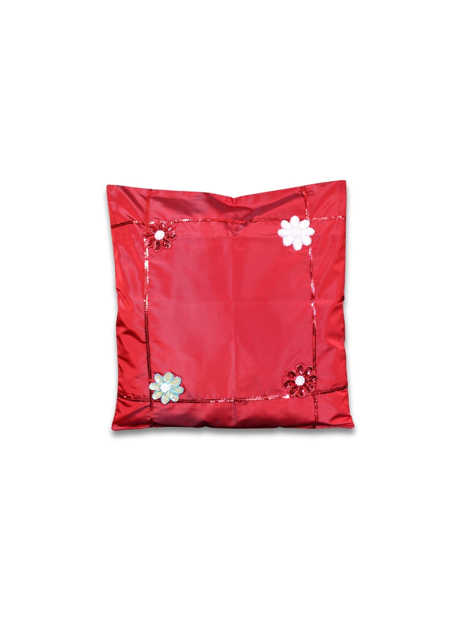 Kırmızı Narinlik – İncili Çiçek Motifli Payetli İpek Tafta Kırlent Kılıfı