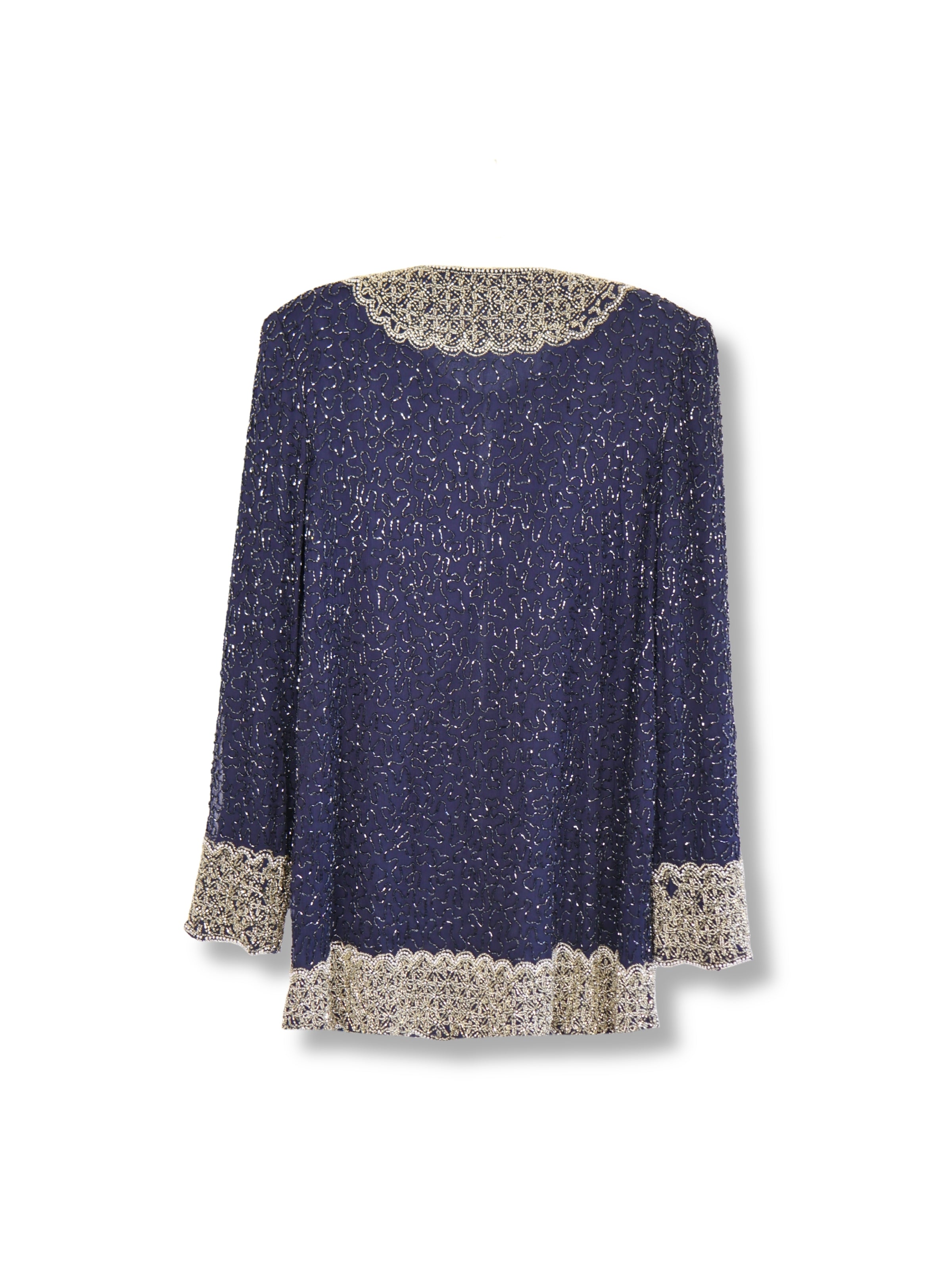 Lacivert Işıltı – Gümüş İşlemeli Uzun Ceket