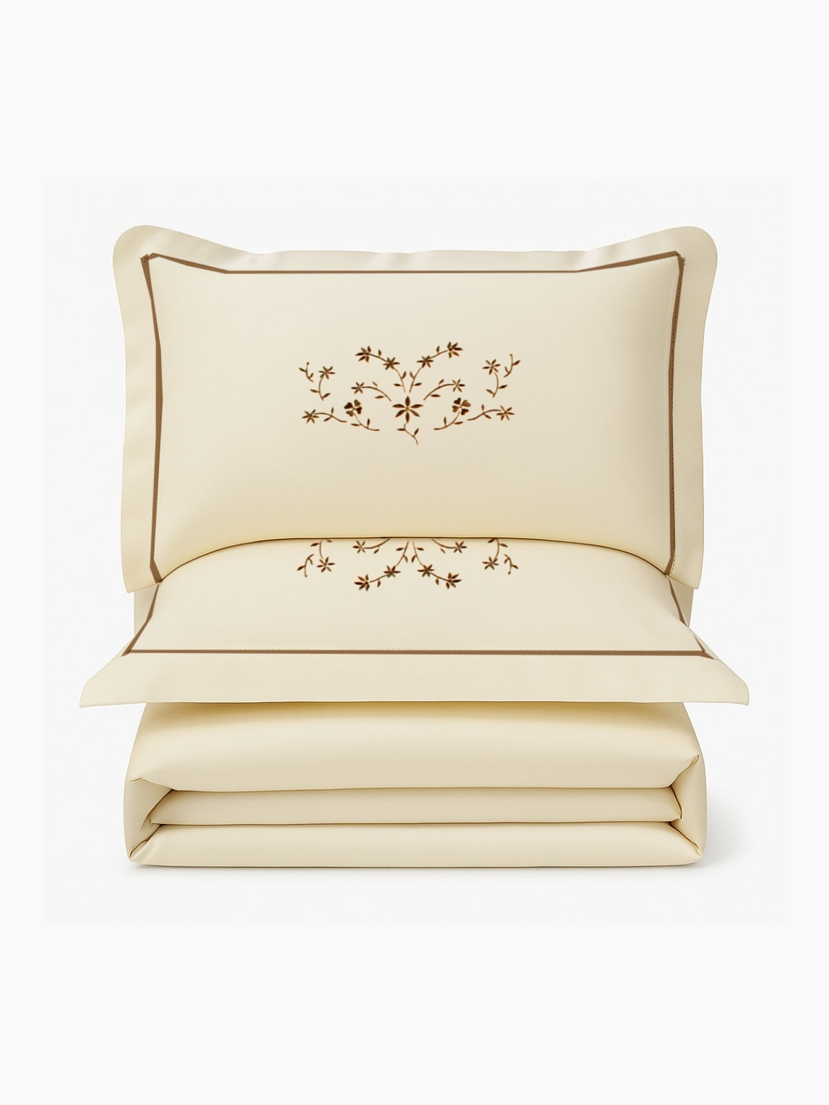 White Embroidered Ecru - Milk Coffee Linen Duvet Cover Set