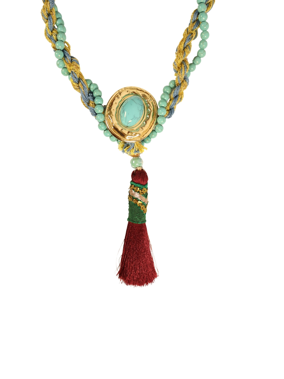 Turquoise End – Brooch Necklace in Petrol and Gold Tones