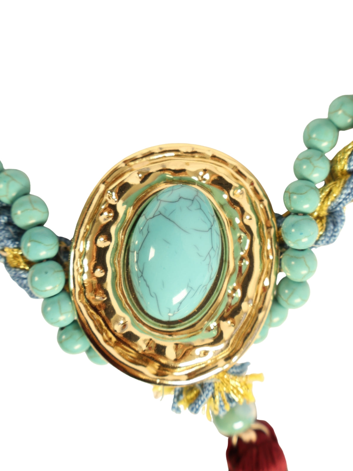 Turquoise End – Brooch Necklace in Petrol and Gold Tones