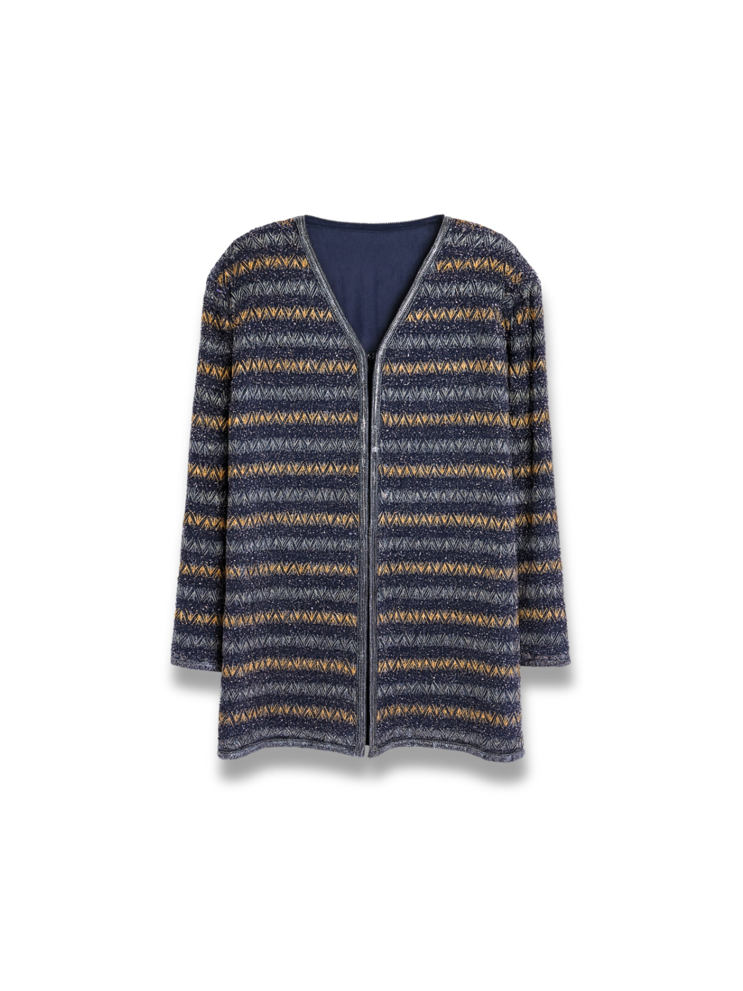 Gece Çizgileri – Lacivert ve Altın İşlemeli Uzun Ceket