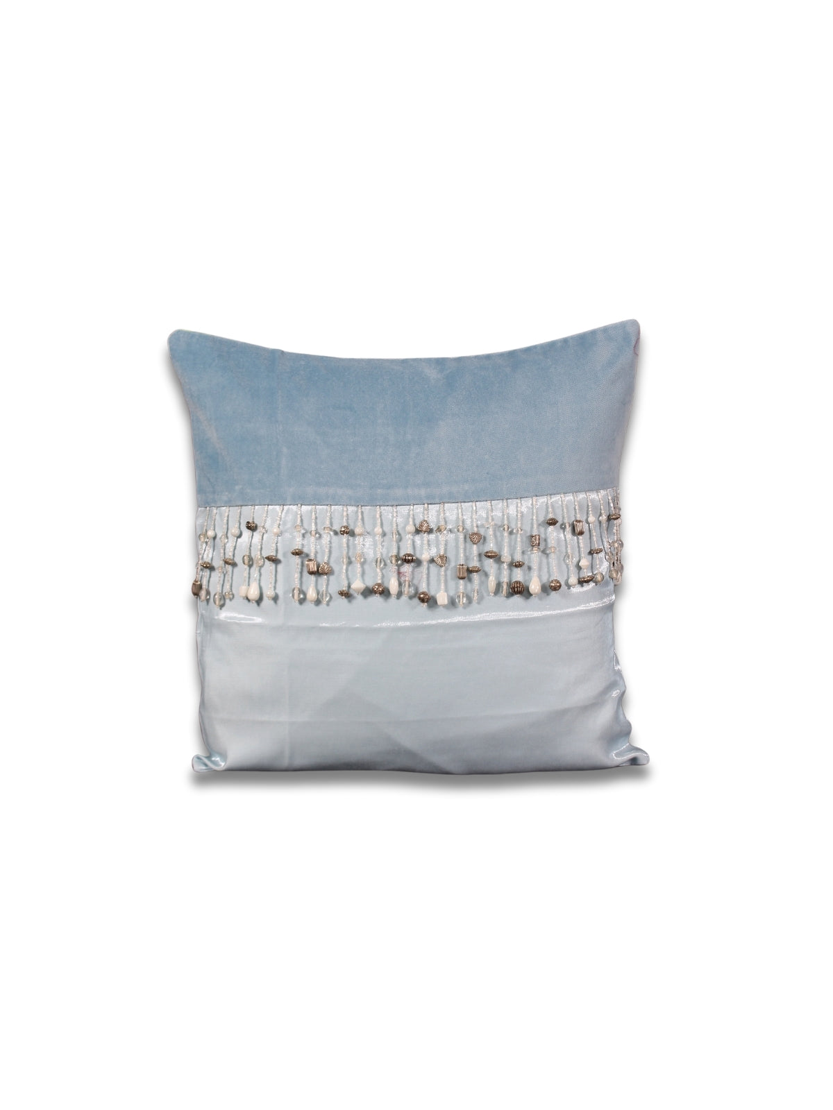 Buzlu Işık – Mavi Kadife & Saten Kırlent Kılıfı Boncuk İşlemeli
