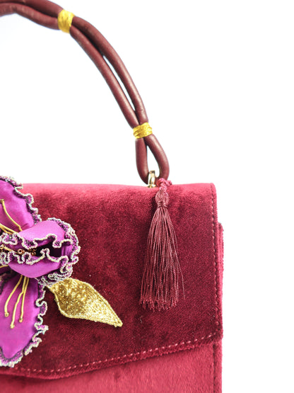 Krizantem – Sim İşlemeli Bordo Kadife El Çantası