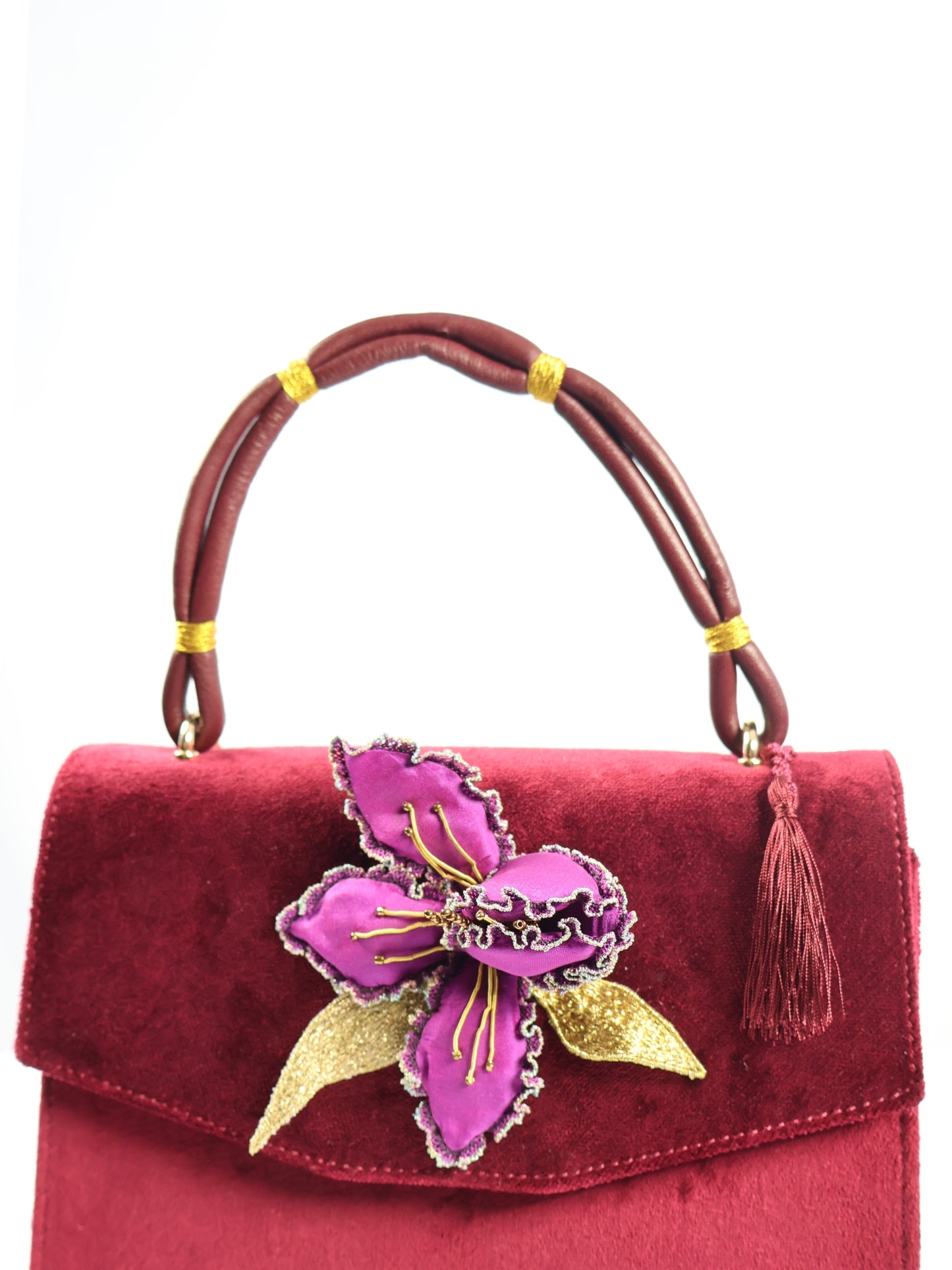 Krizantem – Sim İşlemeli Bordo Kadife El Çantası