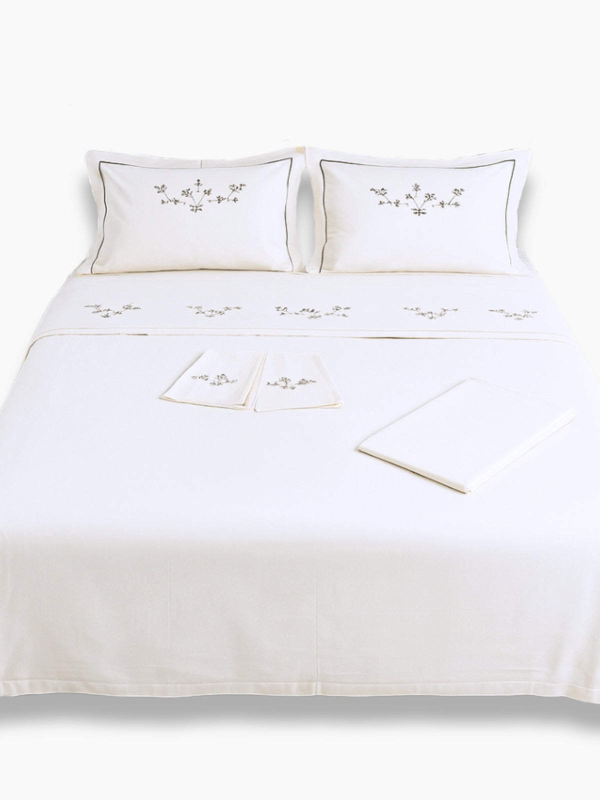 White Embroidered Ecru - Milk Coffee Linen Duvet Cover Set
