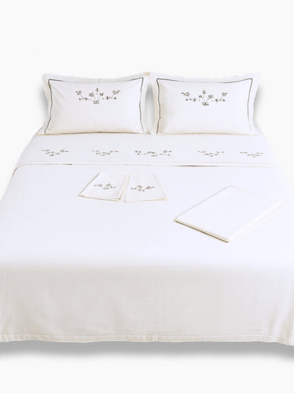 White Embroidered Ecru - Milk Coffee Linen Duvet Cover Set