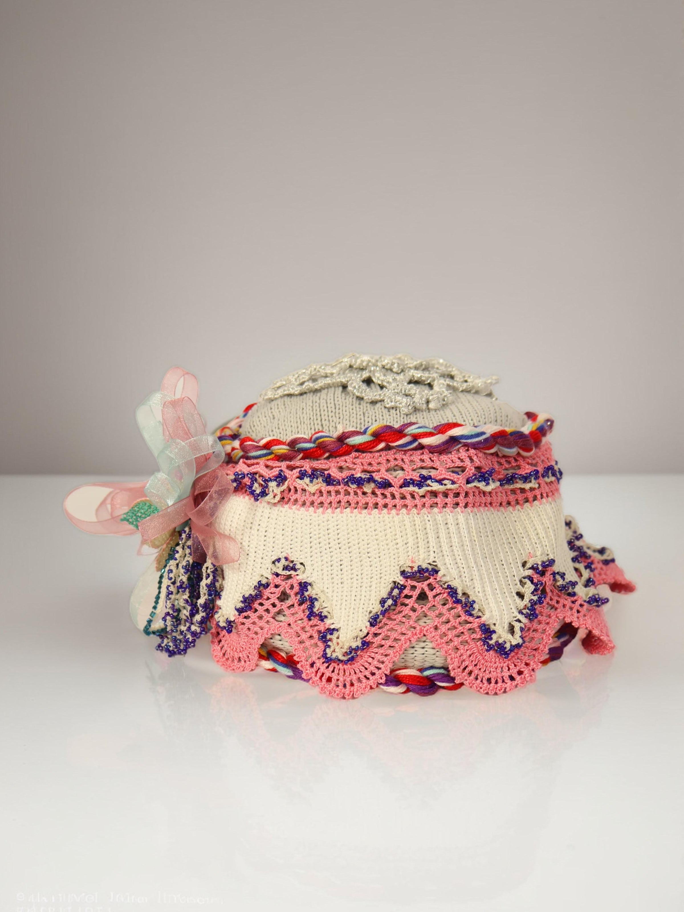 Hazal – Pink Crochet Embroidered Bow Detailed Hat