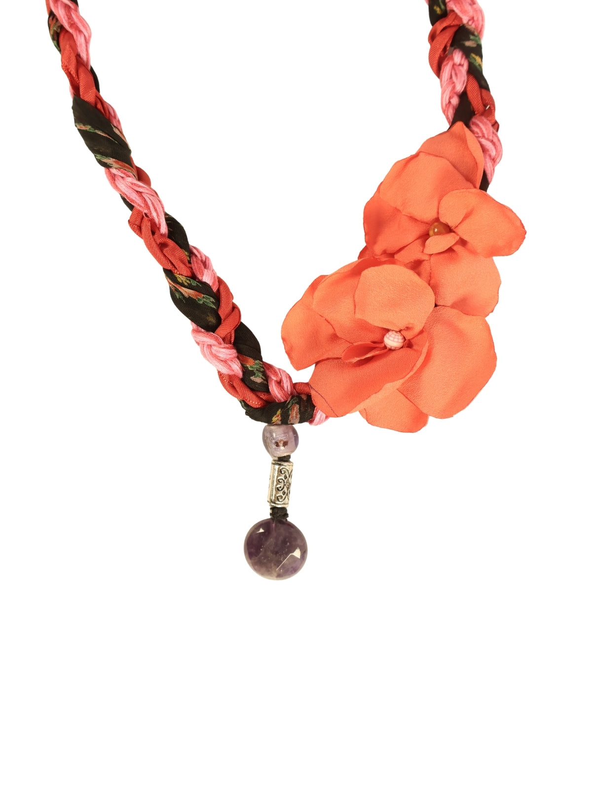 Flower Detail – Hand Embroidered Necklace with Scarf and Natural Stones