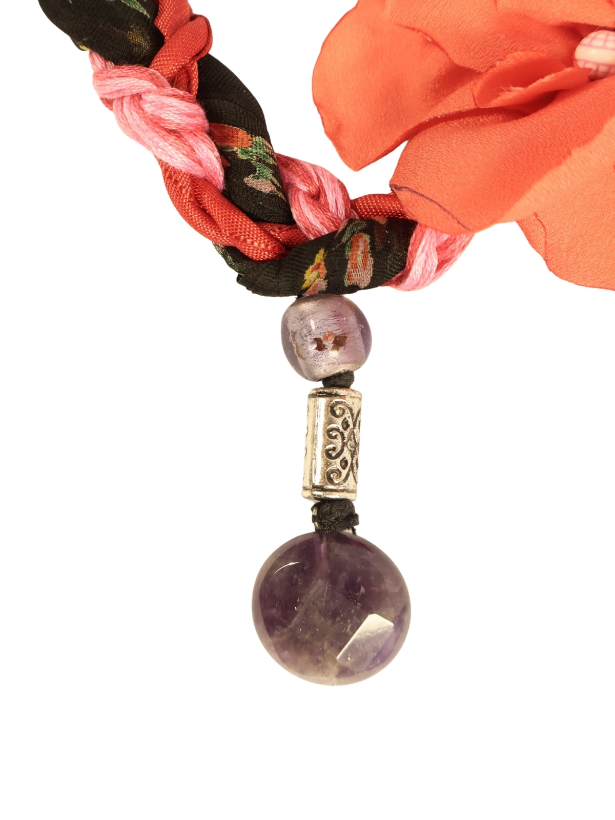 Flower Detail – Hand Embroidered Necklace with Scarf and Natural Stones