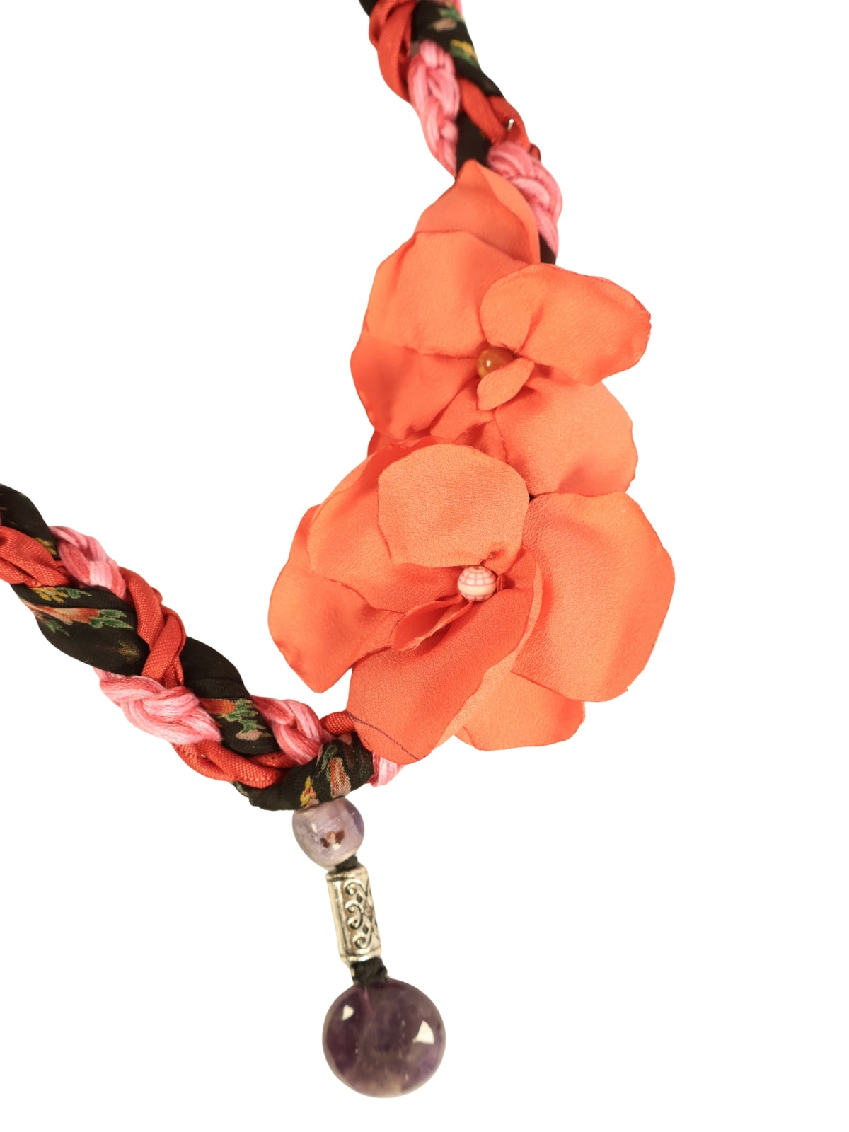 Flower Detail – Hand Embroidered Necklace with Scarf and Natural Stones