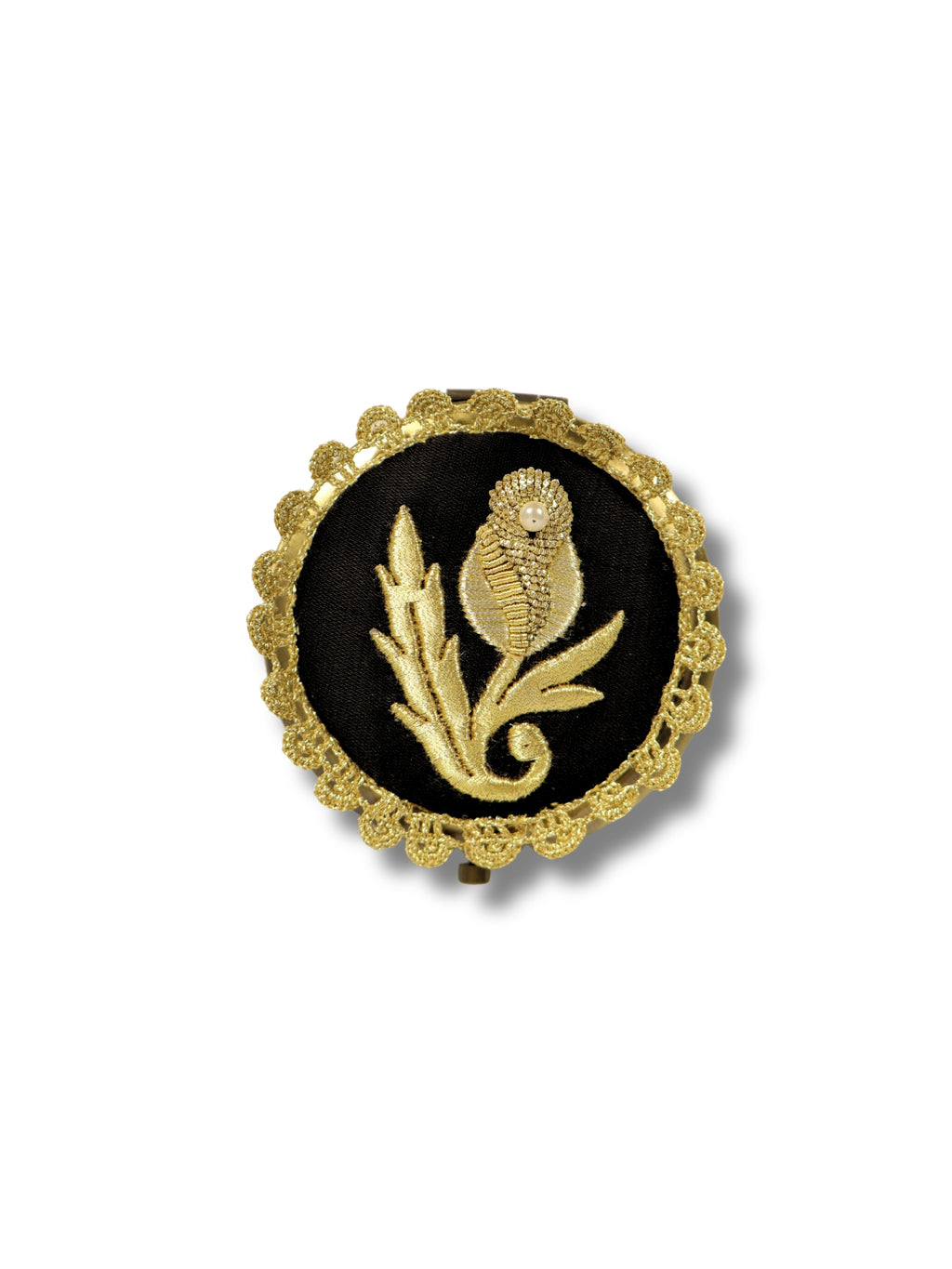 Golden Flower – Black Satin Mirror with Gold Thread and Lace Details