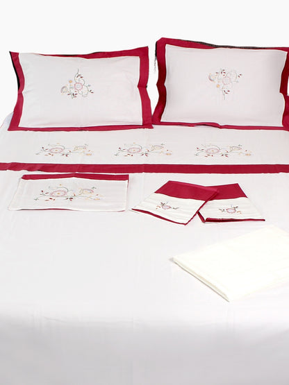 Ecru Burgundy Embroidered 5-Pillow Double Duvet Cover Set