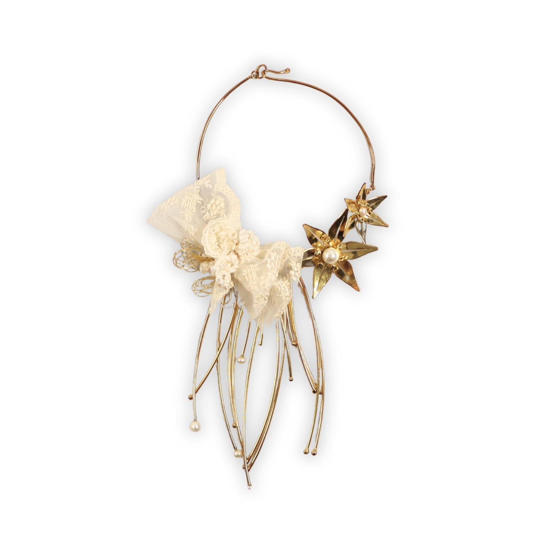 Ecru Elegance – Handmade Necklace with Brass Object and Lace Detail