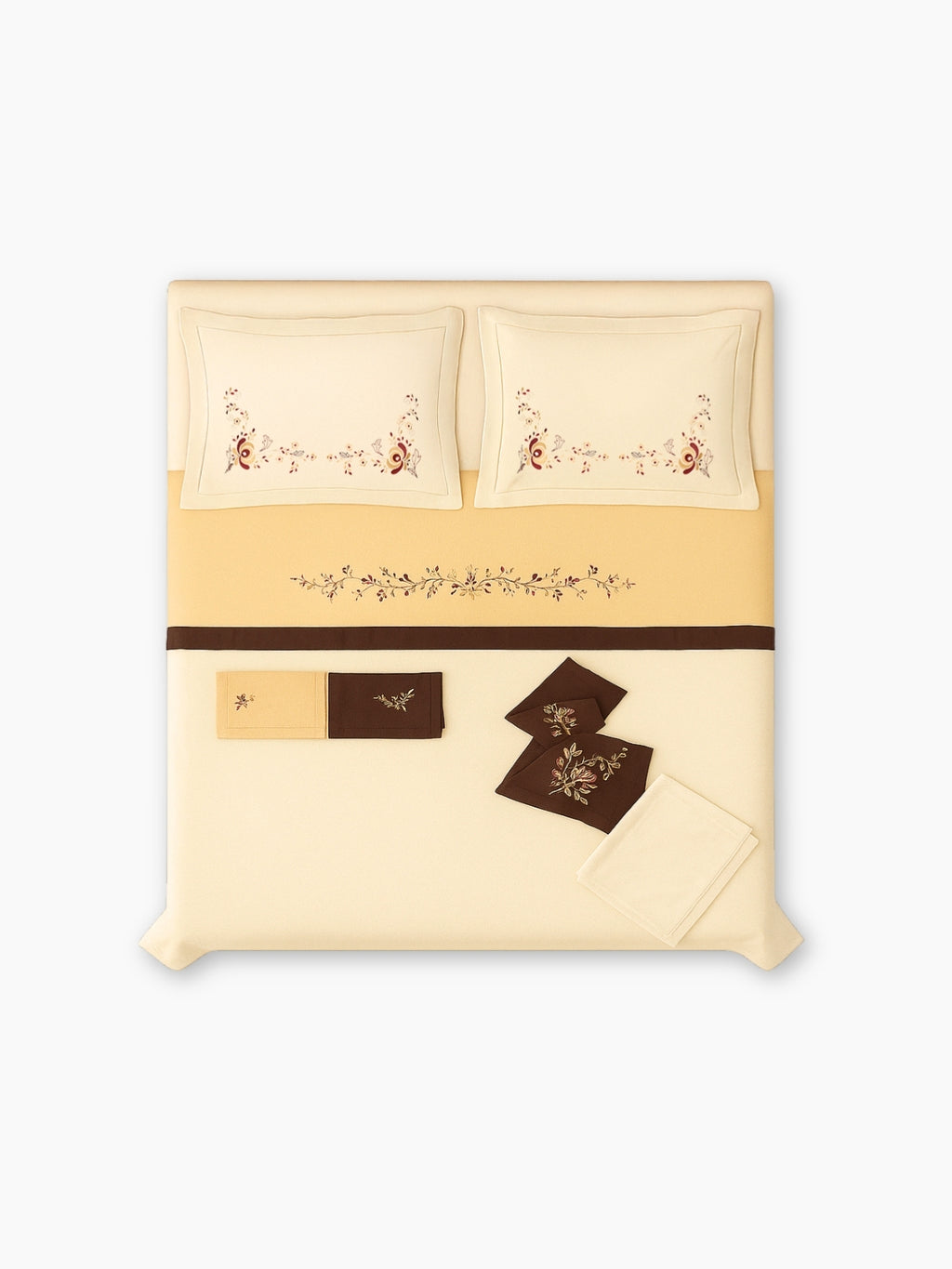 Brown Mustard Embroidered 5-Pillow Double Duvet Cover Set