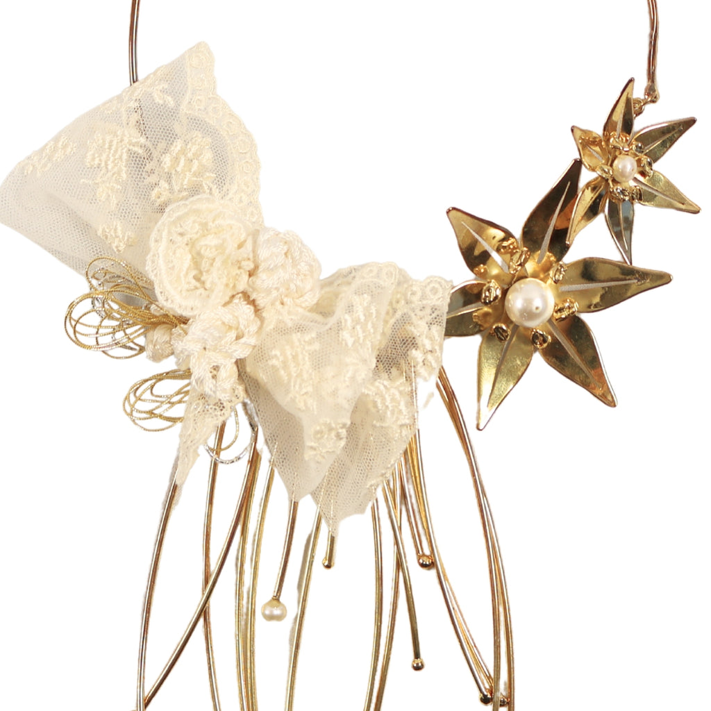 Ecru Elegance – Handmade Necklace with Brass Object and Lace Detail