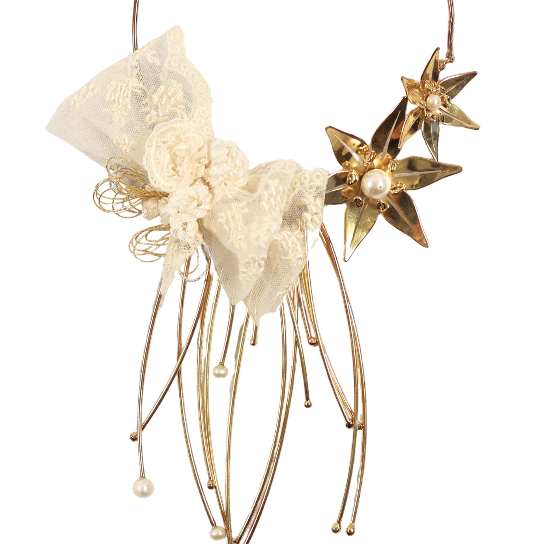 Ecru Elegance – Handmade Necklace with Brass Object and Lace Detail