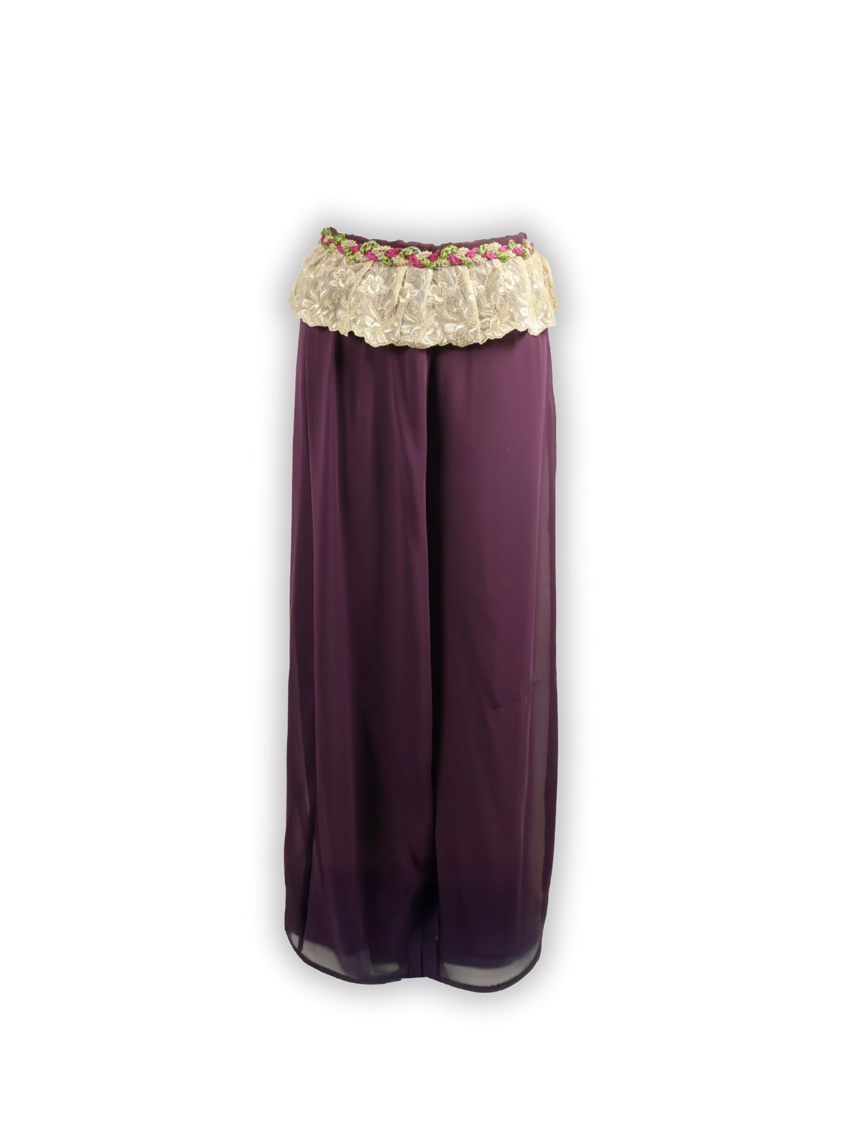 Gölge Akışı – Fransız Dantelli Floş Kemerli Mor Şifon Pantolon