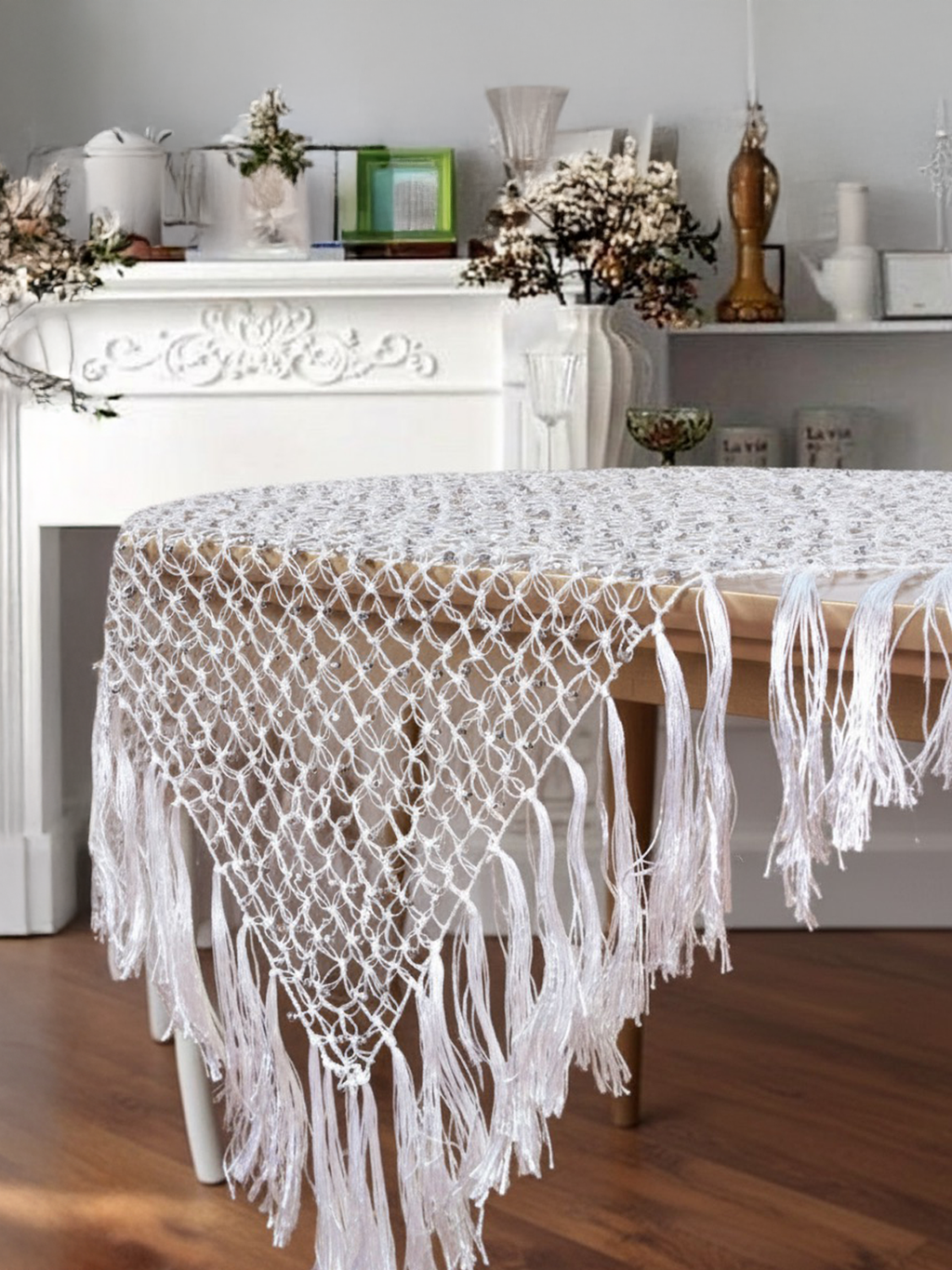Pearl Shimmer – Hand-Knitted Shawl & Decorative Throw from Floss Yarn
