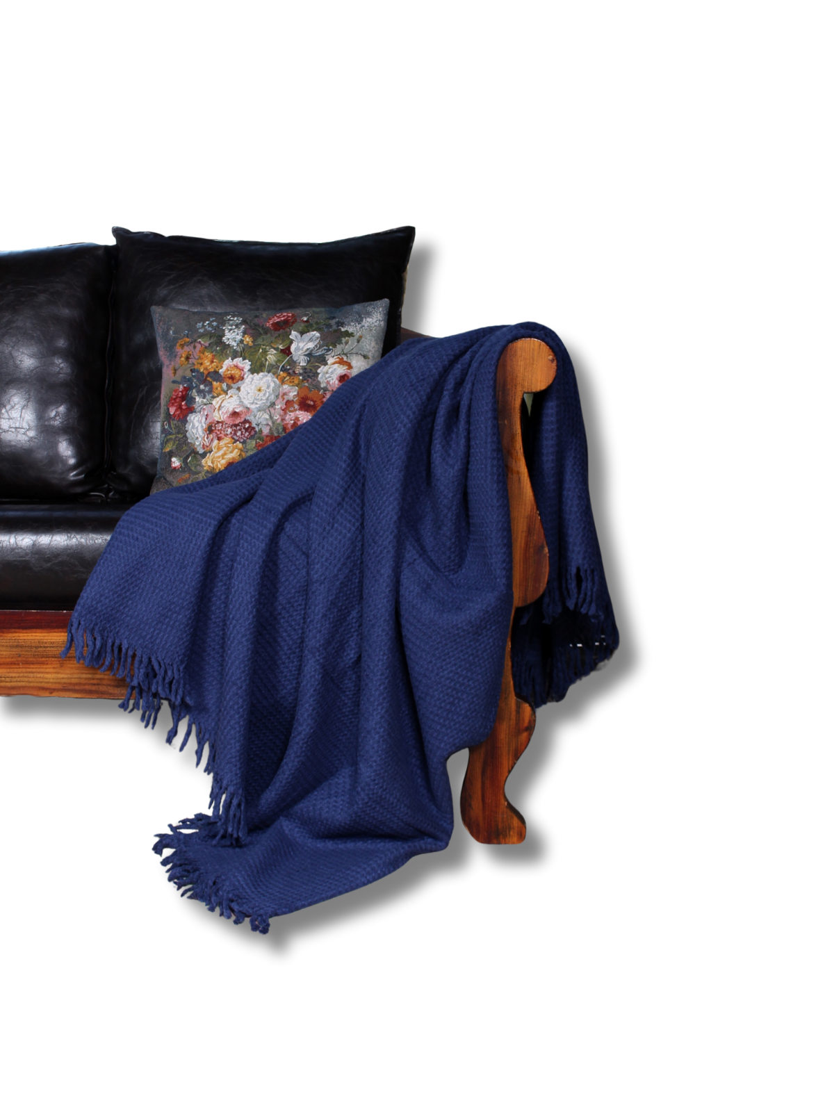 Lacivert Dokunuş – Kendinden Desenli Püsküllü Diz & Koltuk Örtüsü