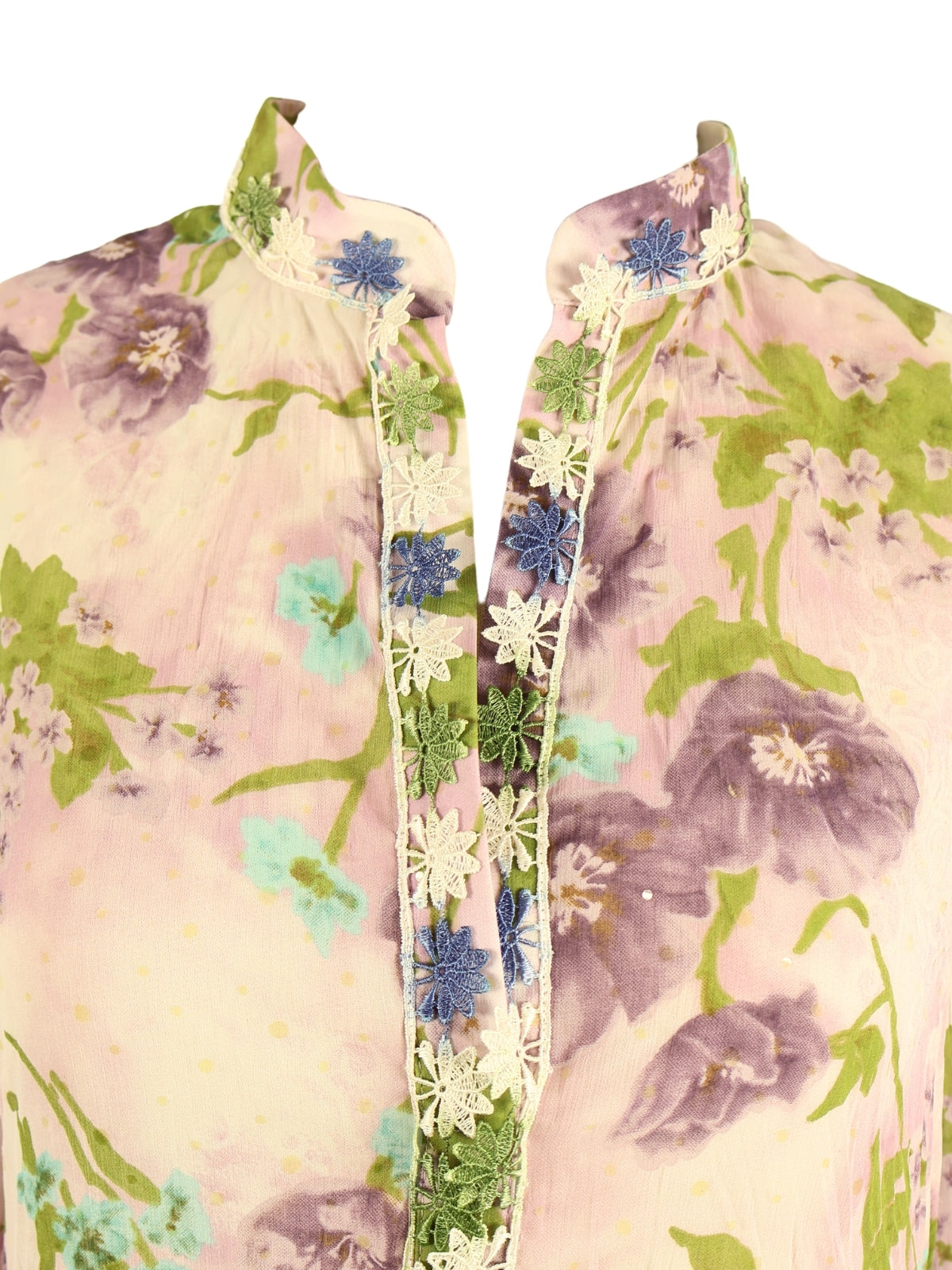 Işığın Kırılması – Renkli Dantelli Yırtmaçlı Desenli İpek Gömlek