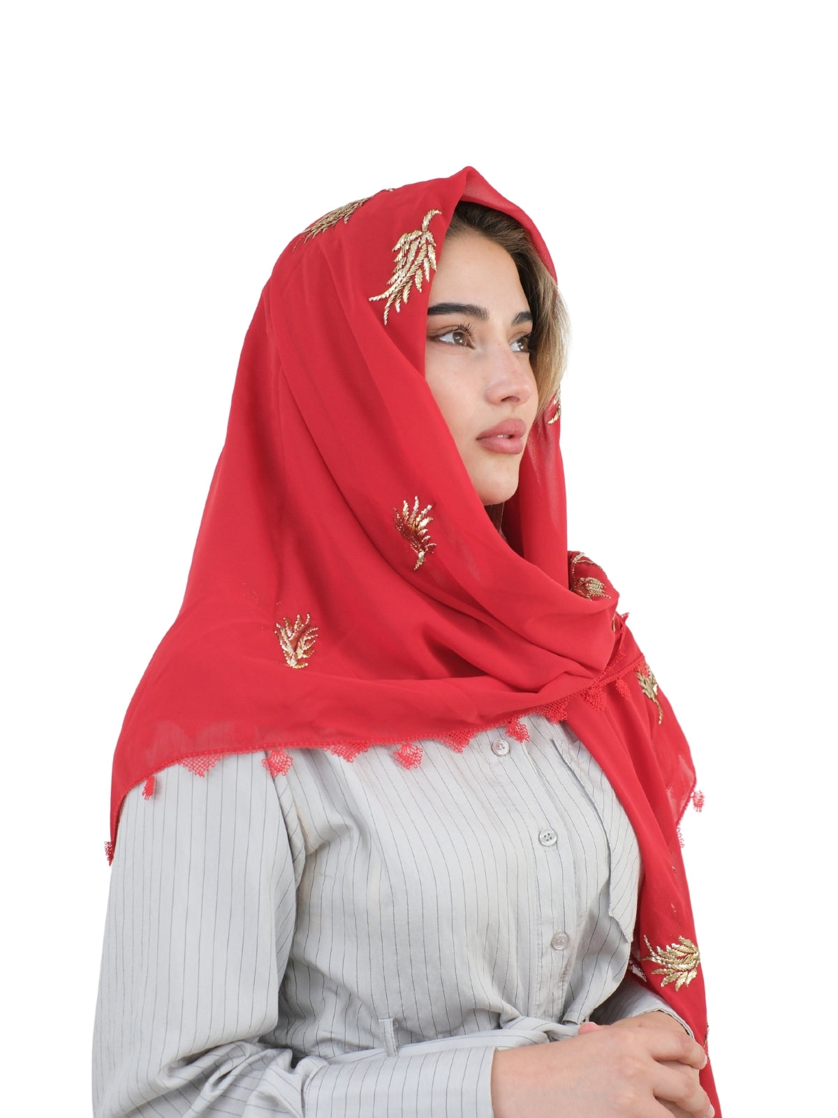 Nurgül – Wire Wrapped Patterned Red Headscarf and Matching Handkerchief Set
