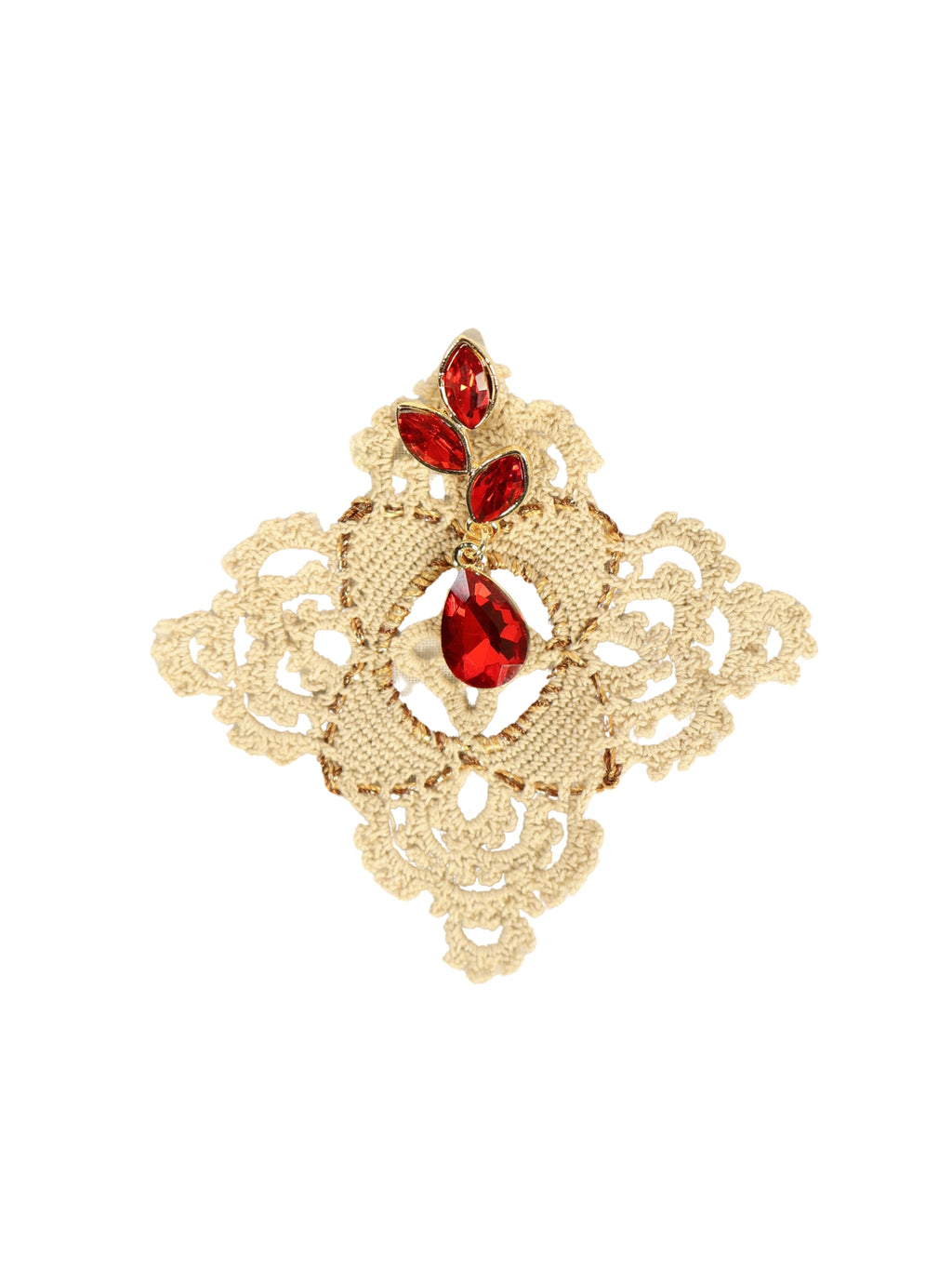 Nehir – Ecru Crochet & Ruby Stone Gold Earrings