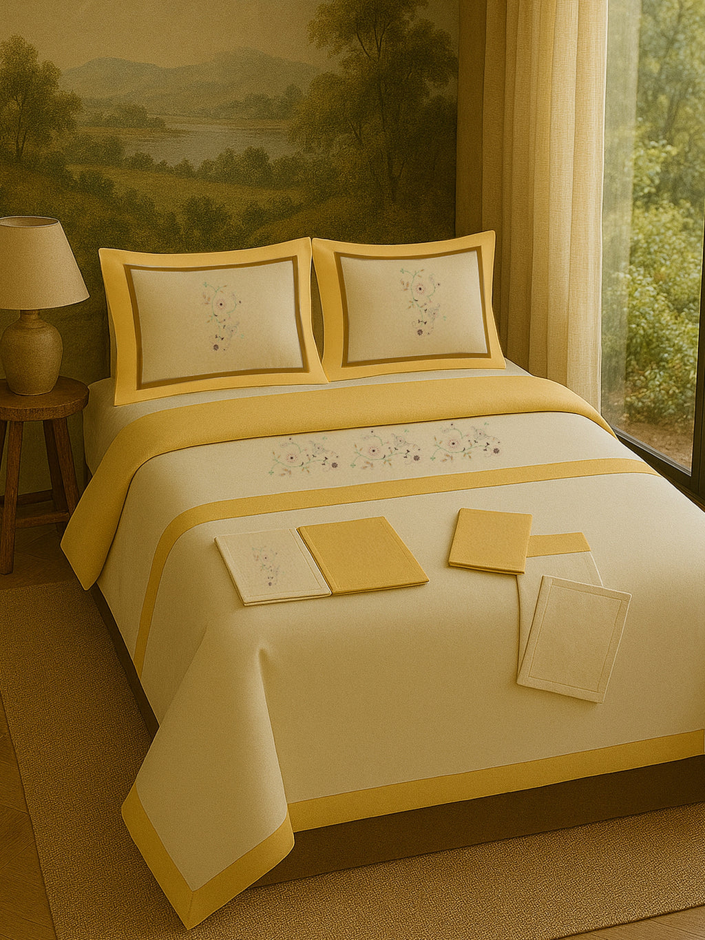 Embroidered Ecru - Mustard Double Duvet Cover Set