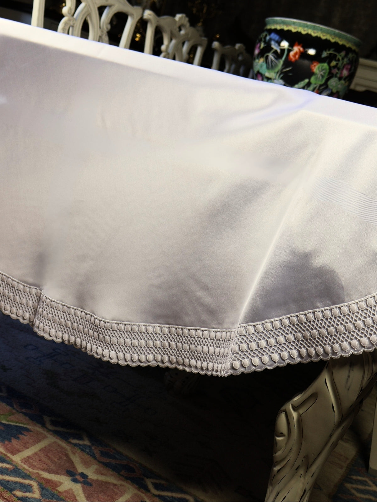 Quiet Environment – White Satin Sequined Round Tablecloth with Guipure Trim