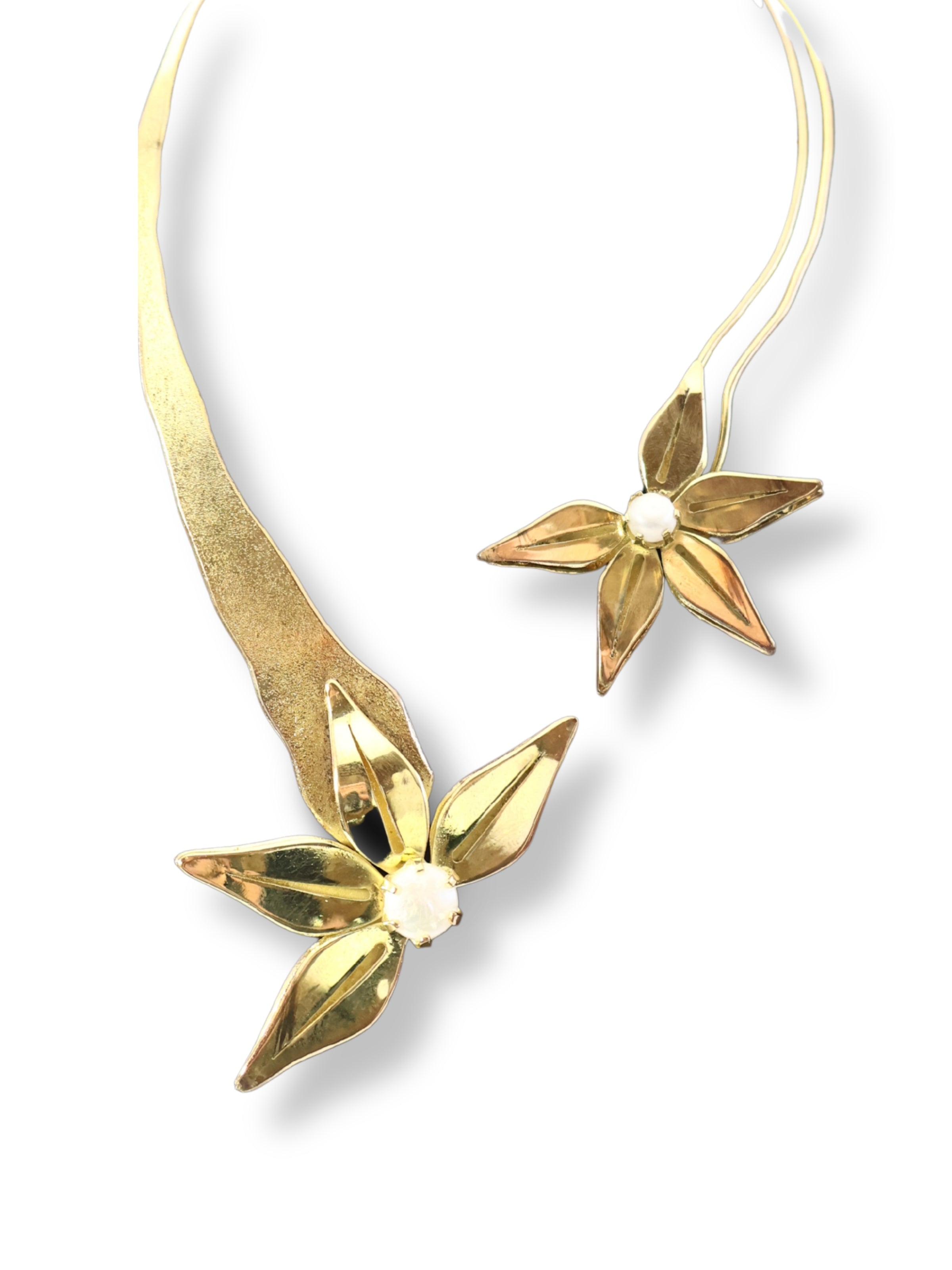 Dual Flower – Brass and Pearl Necklace